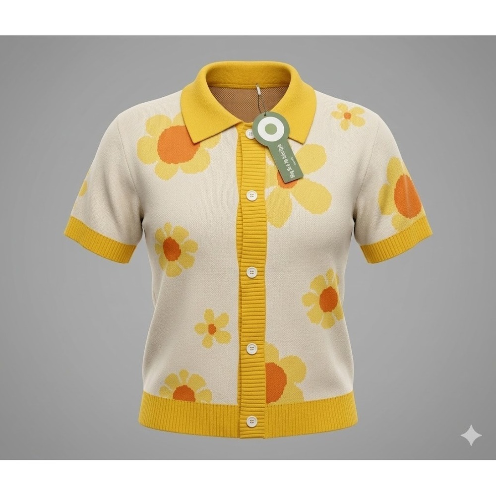 Oxknit Retro 70s Style Daisy Flower Knit Button Up Polo Cardigan Top L